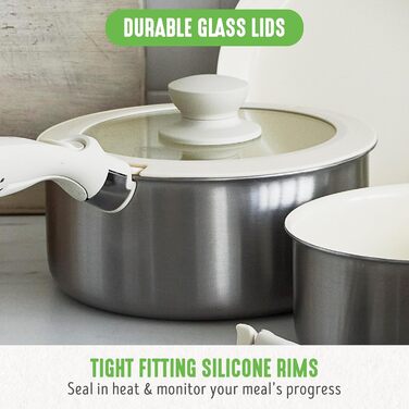 Набір кухонного посуду GreenLife 10 предметів з антипригарним покриттям, знімними ручками та функцією складання. Безпечний, не містить PFAS, підходить для індукційних плит, економія місця, сервіровочні миски.