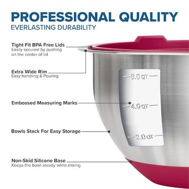 Набір місок для змішування Viking Culinary з нержавіючої сталі, 10 шт., з антиковзним силіконовим дном, кришки, придатні для миття в посудомийній машині, червоний