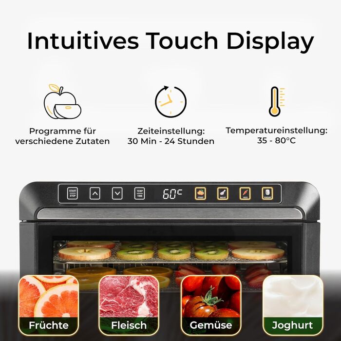 Сушарка для фруктів та овочів KRAMER W з таймером 24h та регулюванням температури 35-70°C, 5 висувних полиць, корпус з нержавіючої сталі, без BPA