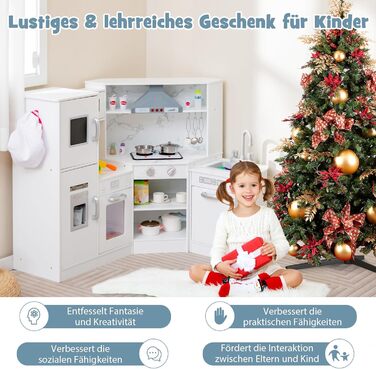 Дерев'яна дитяча кухня DREAMADE з аксесуарами, кухонний куточок з плитою, духовкою, мийкою та дошками для письма, ігровий набір з підсвіткою та звуком для дівчаток від 3 років (білий)