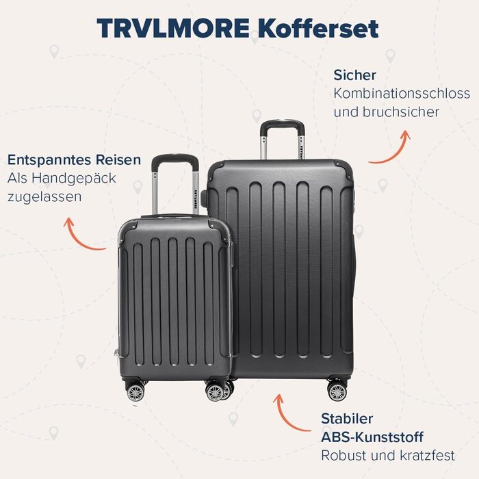 Набір валіз TRVLMORE 2 шт. з твердим корпусом - Чемодан та набір ручних валіз - Набір валіз 2 шт. - Набір валіз для подорожей 2 шт. - Набір валіз з твердим корпусом 2 шт. - Набір ручних валіз 2 шт. - Чорний набір валіз 2 шт.