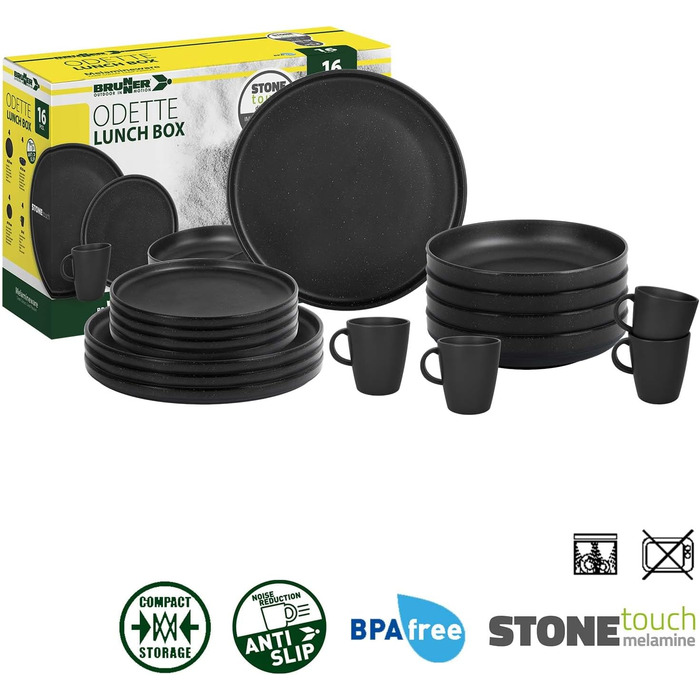 Набір посуду BRUNNER Melamin 16 предметів: тарілки та чашки для кемпінгу (2-4 особи) + ланч-бокс ODETTE, стекований, стійкий до подряпин