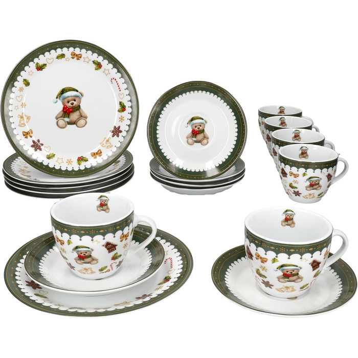 MamboCat Friend - 18-ти частинний чайний сервіс для 6 осіб | Керамічний сервіс з ведмедиком, будиночком з імбирного пряника та іншими новорічними мотивами | Тріо з чашками, блюдцями та тарілками | Ідеальний для святкування Різдва