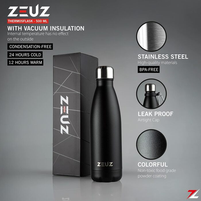 Пляшка-термос і пляшка для води ZEUZ Premium з нержавіючої сталі - Пляшка для води з соломинкою - Без бісфенолу А - 500 мл - Матовий чорний