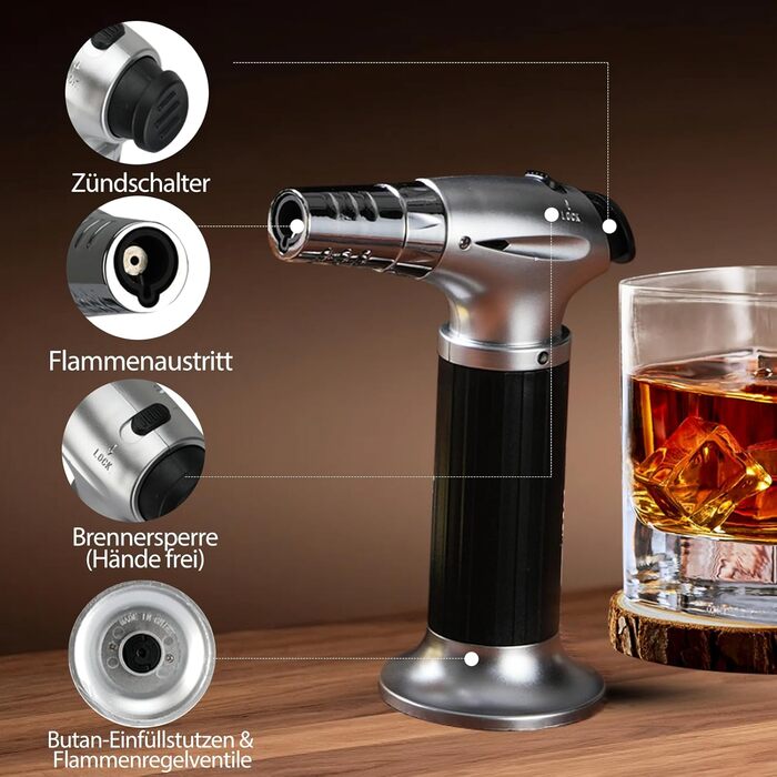 Набір для копчення віскі з факелом, 6 смаків, тріски, 2 склянки, 6 контейнерів для віскі, набір для коктейлів, набір для копчення напоїв, подарунок на день народження для Бурбон-віскі для чоловіків (без бутану)