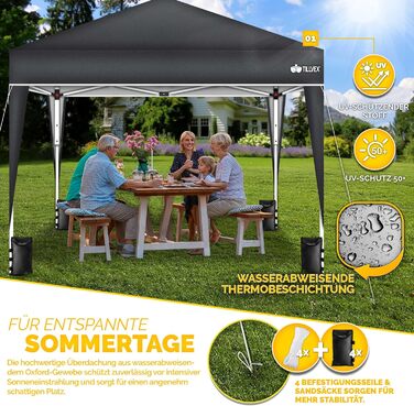 Павільйон Tillvex 3x3м водовідштовхувальний з 4-ма мішками з піском | Pop-Up павільйон, стабільний та регульований по висоті | Садовий намет з UV захистом 50+ | Намет для вечірок з сумкою для саду (Антрацит) 3x3м, без стін