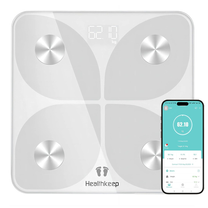 Шкала жиру в організмі Healthkeep з вимірюванням пульсу, VA Screen & App для iOS/Android, 15 даних про організм