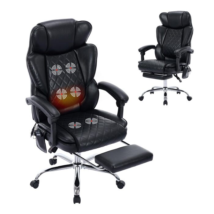 Крісло офісне з масажем та підігрівом, ергономічне, з підніжкою, поворотне на 360°, регульована спинка (94-125°), чорне
