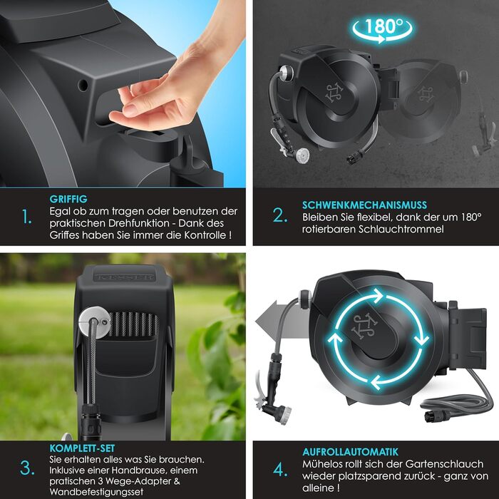 Шланг для саду KESSER® 35м з автоматичним підйомом | Шланг для поливу з тримачем для стіни | Водопровідна коробка для стіни з ручною лійкою 7-функцій | Антрацит/Чорний