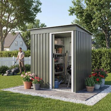 Металевий сарай для інструментів Devoko 96x98x160 см з похилим дахом, сталевий, стійкий до іржі, з рукавичками, замком, для двору, тераси, газону (сірий, S)