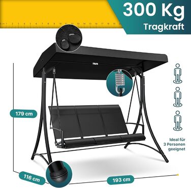 Гойдалка садова KESSER з сонцезахистом, 3-місна, до 360 кг, водостійка, антивідковзкі ніжки, для саду та дому, чорна