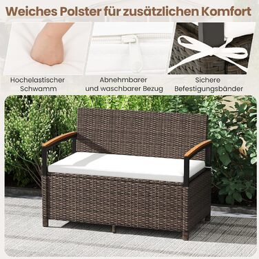 Лавка садова з ротангу COSTWAY з ящиком для зберігання, біла, 2-місна, 120x61x84 см - для балкона, тераси, саду