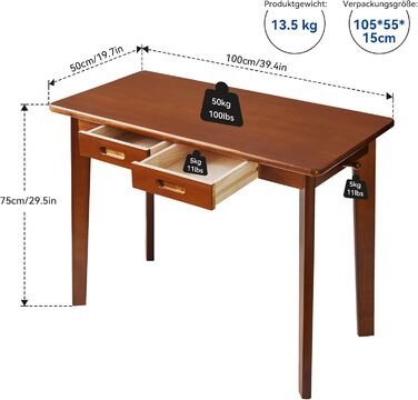 Дерев'яний письмовий стіл з шухлядою та вішалкою, 100x50x75 см, YD-WD01N, Рустикальний коричневий