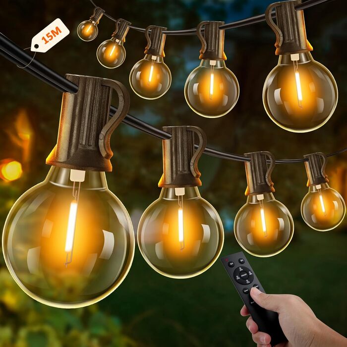 Ланцюжок прикрас для зовнішнього використання з таймером, 15 м LED-ланцюжок живлення на вулиці з 25+2 G40 лампочками, 4 режими та регульована яскравість. Водостійкий гірлянда для саду, балкону, тераси, вечірки, весілля (тепле біле світло)