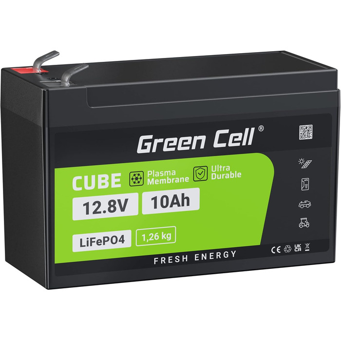 Акумуляторна батарея Green Cell LiFePO4 12 В, BMS, 10 років, для автофургону / човна / гольфу / сонячної батареї / кемпінгу (10 Ач 128 Втгод)