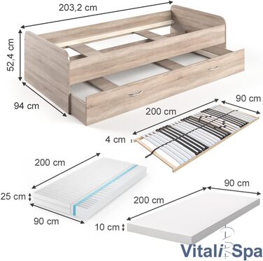 Ліжечко VitaliSpa Enzo, 203,2 x 94 см (Sonoma, 90x200 2 шт. матрац 2 шт. рейкова основа)