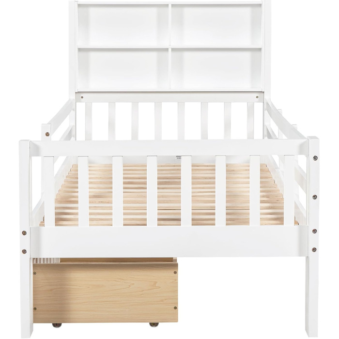 Дитяче ліжко Кiндербет 90x200 з шухлядами, полiцями та захистом, бiле. Ліжко-трансформер для підлітків, бiле, без матраца