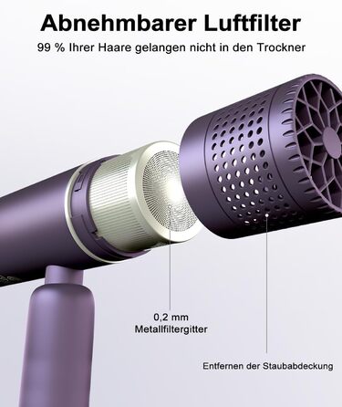 Фен, Фен, Іонний фен, Складаний маленький туристичний фен для волосся з мішком для зберігання, Професійний фен 1600 Вт для швидкого сушіння, Тихий фен з насадкою для укладання, 3 нагрівання та 2 швидкості, (фіолетовий)