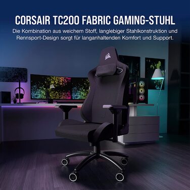 Ігрове крісло Corsair TC200, стандартна посадка, м'який чохол, поперекова підтримка, 4D підлокітники, чорний, сталевий