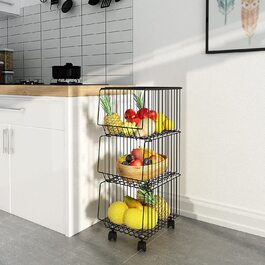 Кошик з металевого дроту Mocosy з колесами та кришкою, 5-ступінчаста складана кошик для фруктів з кошиком для фруктів, контейнер для зберігання на кухні, комора, спальня, ванна кімната (3-рівнева кошик)