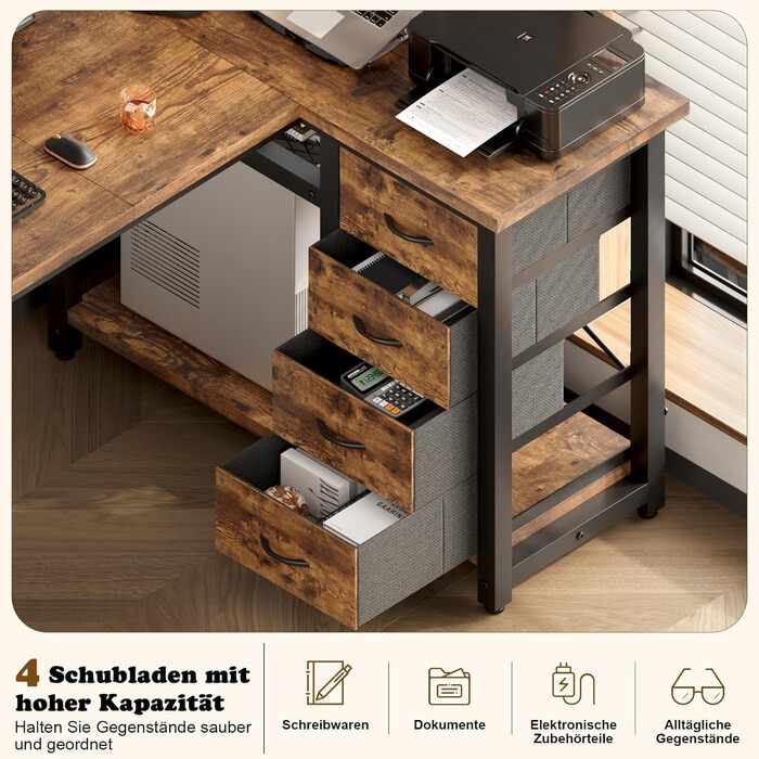 Кутовий стіл Devoko з 4 висувними ящиками з тканини, 2 розетками та 2 USB-портами, для дому та офісу, ігор, білий, 140x80 см