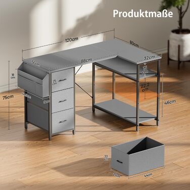 Комп'ютерний стіл HLONONE L-подібний з 3 ящиками для тканини, з полицями та бічною кишеню, для офісу, геймінгу та дому, білий (120 x 80 см, сірий)