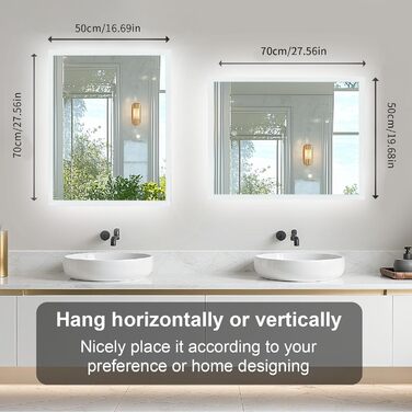 Дзеркало для ванної кімнати LUVODI з підсвічуванням 40x50 см: регульоване LED дзеркало з 3 кольорами світла, 2 сенсорні кнопки, запобігає запотіванню, водонепроникне, монтаж на стіну (70L x 50B см)
