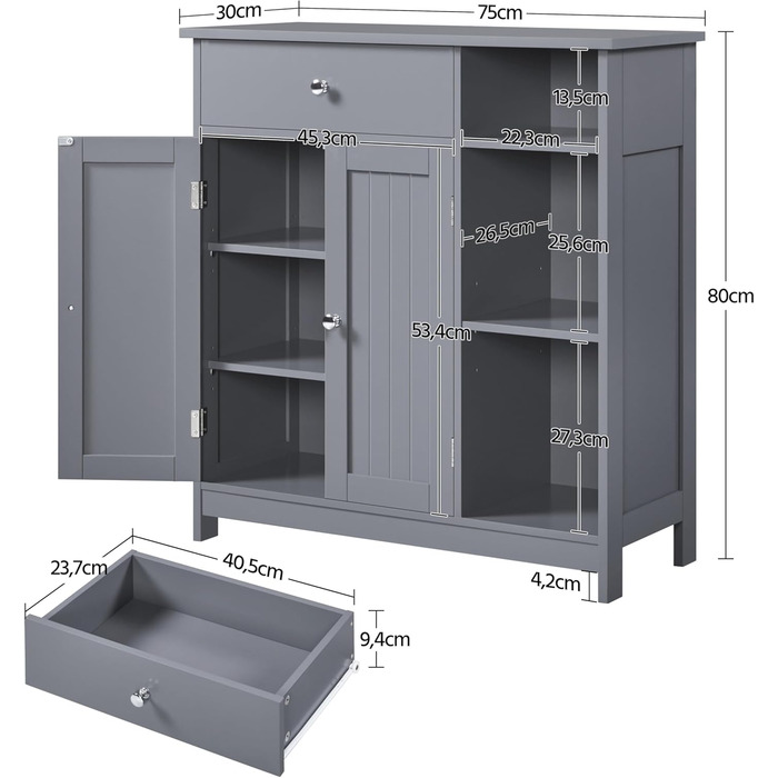 Тумба для ванної кімнати Yaheetech з ящиками, дверцятами та регульованими полицями, 75x30x80см, темно-сірий