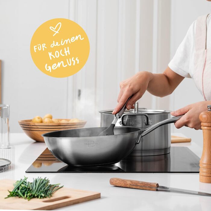 Wok Silberthal з нержавіючої сталі з індукційним дном (28 см) - для смаження та смаження у фритюрі, сумісний з усіма плитами, до 400°C, з кришкою