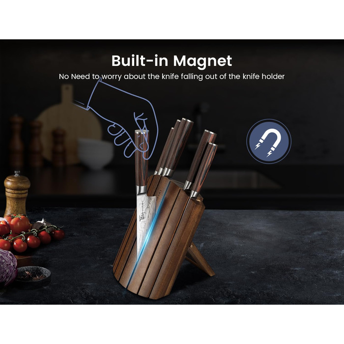 Набір кухонних ножів 7 шт. японського стилю з магнітною підставкою з акації та гострим лезом з вуглецевої сталі, ергономічні ручки