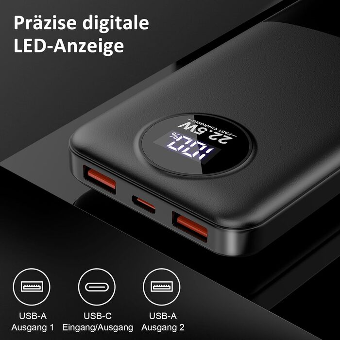 Порти, LED дисплей, для iOS/Android (чорний), 10000mAh, 22.5W PD QC 3.0, USB C, 3