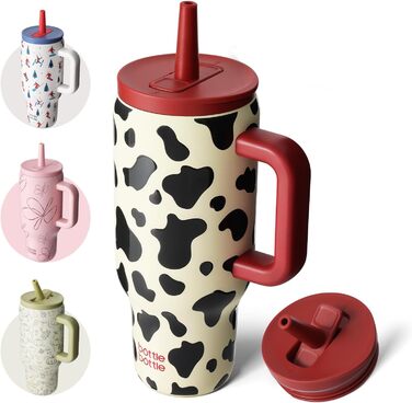 Термокружка-пляшка 900 мл з нержавіючої сталі з ручкою та трубочкою – без BPA, подвійні стінки, не протікає – для подорожей, офісу, університету, спорту та як подарунок (з принтом 