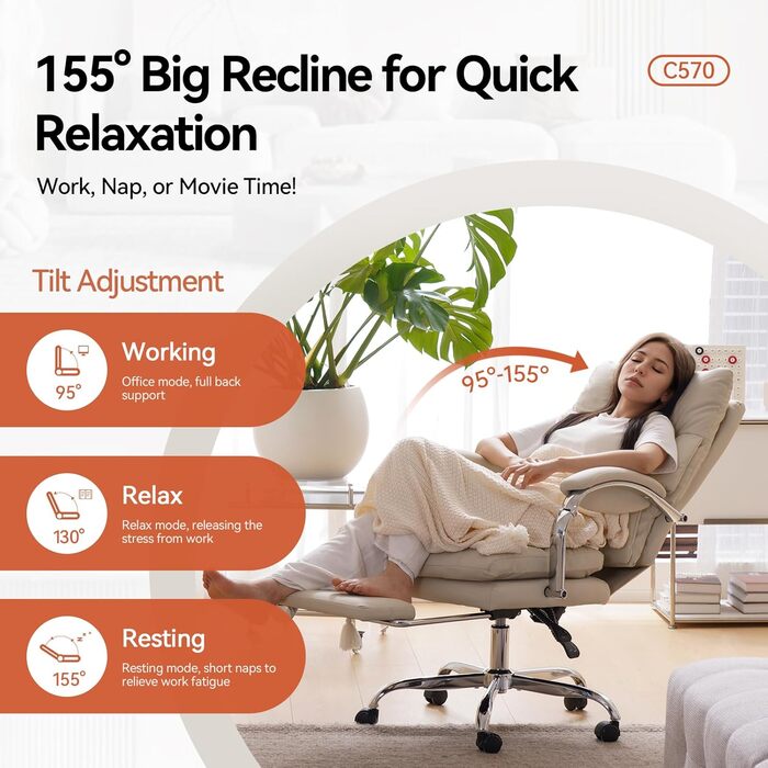 Офісний крісло EMIAH з підставкою для ніг, комфортний крісло для роботи з підлокітниками, ергономічний крісло для начальника з PU шкіри та роликами, ігровий комп'ютерний стілець з потовщеним сидінням, без функції масажу (Бежевий)