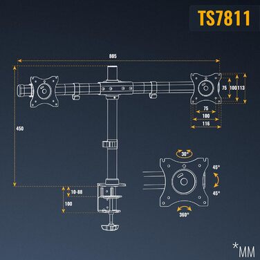 Підставка для монітора RICOO TS7811 - кріплення для 2 моніторів (13-27 дюймів)