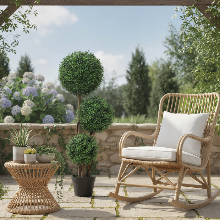 Штучна куля букса, трикульна, декоративна рослина. Штучна рослина з дерев'яним стовбуром у горщику, 30 x 30 x 100 см, зелена.