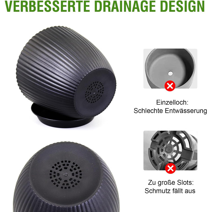 Набір горщиків для квітів з підставкою (8 шт.) 19/17.5/16.5/16/14/13/11.5/10 см, пластик, чорний, для дому та балкону