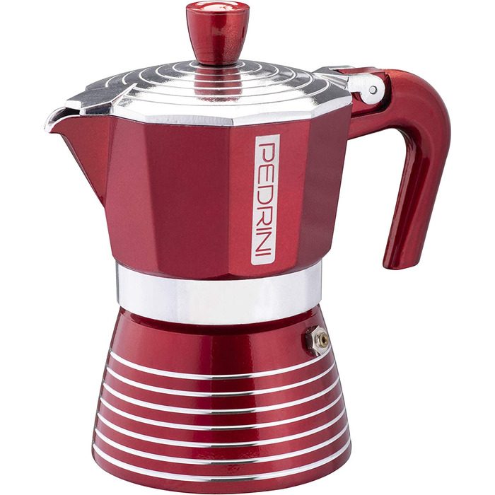 Алюмінієва кавоварка PEDRINI Infinity, Еспресо-плита кольору Moka, Розмір 2 чашки, розміри 13,5 x 9 x 15 см, італійський дизайн, силіконова прокладка для харчових продуктів (6 чашок, Червона)