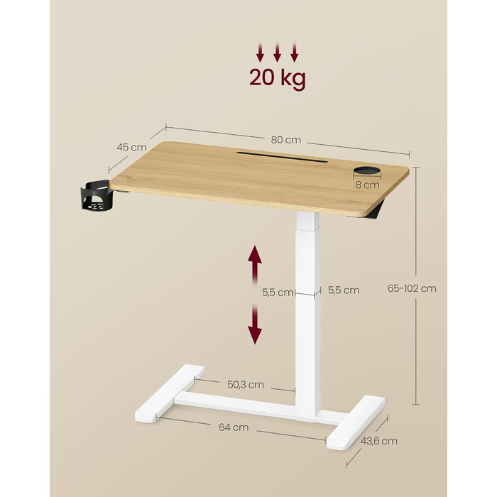 Приставний столик VASAGLE на колесах, мобільний, з великою стільницею, регульована висота, 2 тримачі для напоїв, слот для телефону/планшету, LSD600W01 (80x45 см, горіх золотистий)