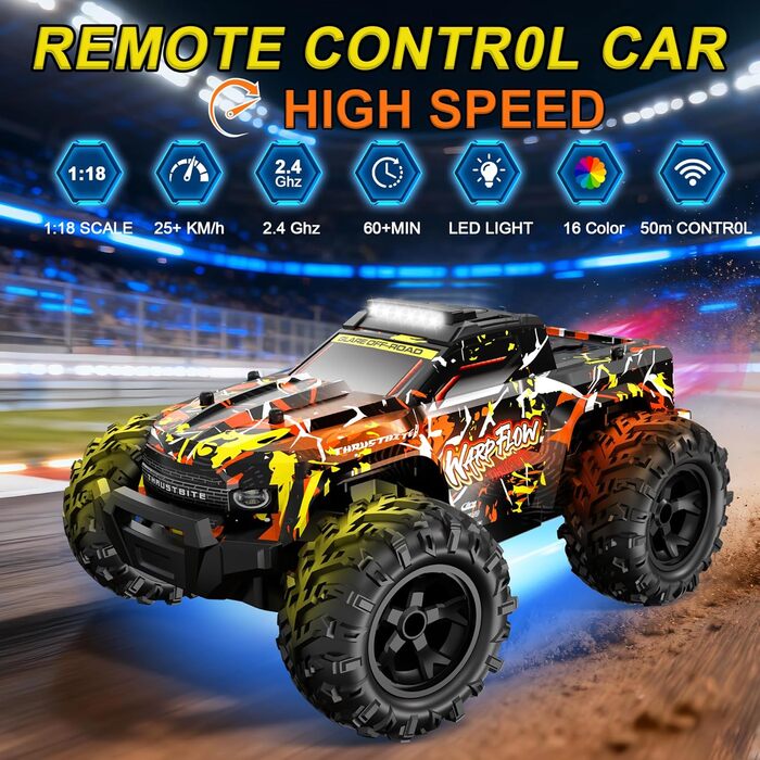 Радіокерований позашляховик BAZADER 1:18 з LED підсвіткою та розпилювачем води, 25 км/год, 2.4 GHz, для дітей від 4 років (Жовтий)