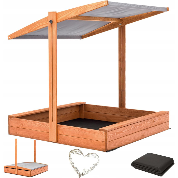 Пісочниця з дахом та сонцезахистом UV 100+, сіра, 100x100 см, з флісовою підкладкою, дерево