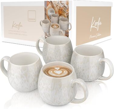 Набір чашок SÄNGER Korfu, 4 шт. - чашки для кави та чаю, ручної роботи, 300 мл, набір для 4 осіб, стійкий до миття в посудомийній машині, кремовий колір з пісочною текстурою, PREMIUM COLLECTION