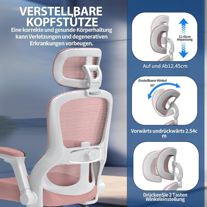 Ергономічне крісло TRALT для офісу та дому: ігрове крісло з регульованою підголівником та поперековою підтримкою, mesh-крісло, 150 кг, рожеве