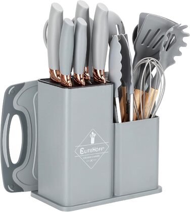 Набір кухонних ножів EliteHoff 19 предметів – набір кухонних аксесуарів з силікону з дерев'яними ручками, 5 ножів, 12 аксесуарів, дошка для нарізання та підставка – безпечний для харчових продуктів, придатний для миття в посудомийній машині, чорний (E-607