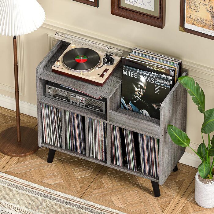 Стіл для програвача, стійка для вінілових пластинок середини століття з місцем для зберігання до 350+ альбомів, шафа для вінілу з регульованими полицями (Сірий)