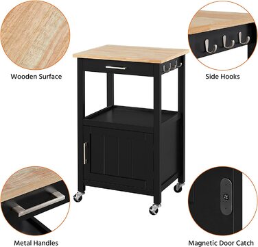 Кухонний візок Yaheetech на колесах з шафкою та полицею, 55x45x89 см, білий (чорний)