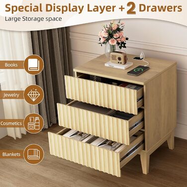 LED тумбочка Gurexl з зарядкою та 3 шухлядами, дерев'яна, з USB та Type-C, з датчиком руху, для спальні, вітальні, офісу, чорна