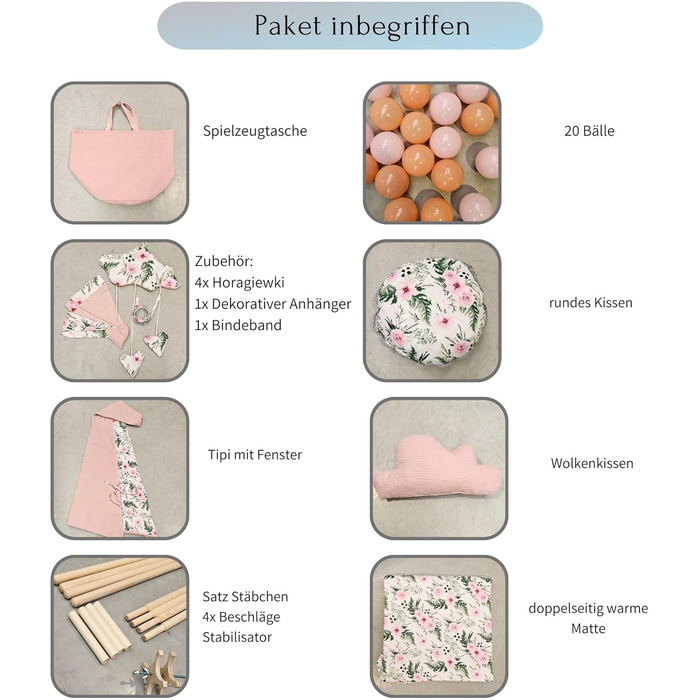 Дитячий намет-тіпі з килимком, подушкою та м'ячами - Тіпі для дитячої кімнати, ігровий будиночок для дівчаток, намет-тіпі для дітей, ігрові прилади для дому - Рожевий сад