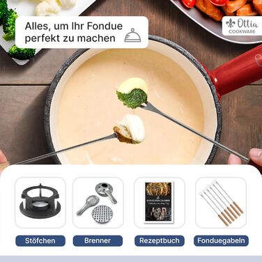 Набір для фондю Ottia з чавуну та емалі на 2-6 осіб: сирне, м'ясне, шоколадне фондю. Підходить для індукційних плит, безпечний, з пальником, вилками та рецептами