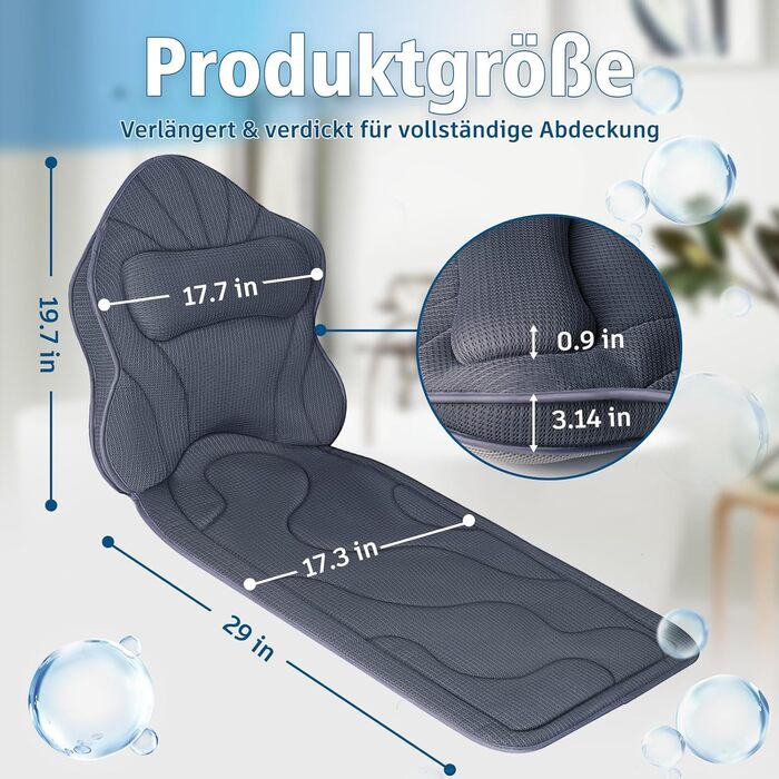 Подушка для ванни Luxus Dicke: повний корпус, підтримка голови, шиї та плечей. Комфорт, розслаблення, аксесуари для спа. Ідеально для ванни (Сірий)