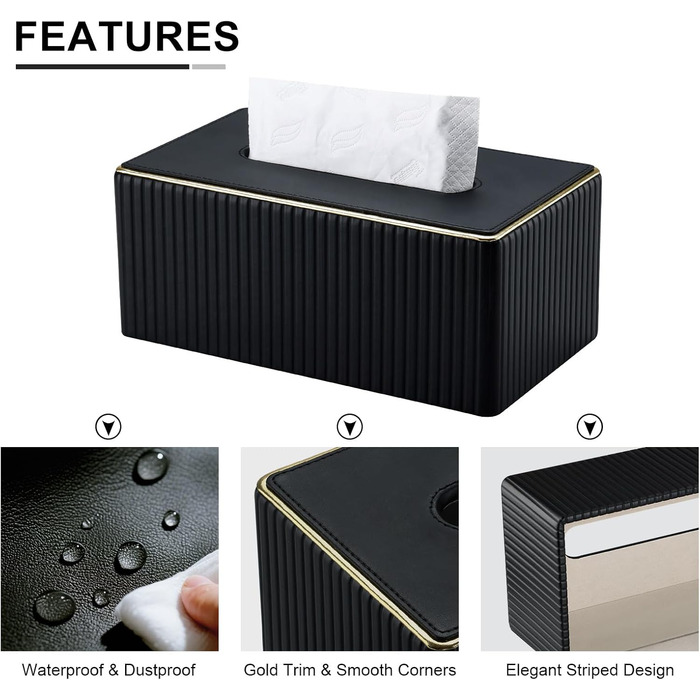 KINGFOM Склянка для серветок з золотим оздобленням, шкіра PU, чорна, прямокутна | Склянка для серветок у вітальню, ванну кімнату, офіс